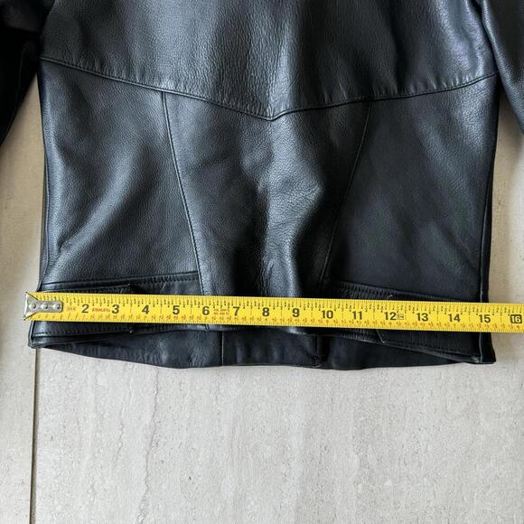 Joe’s Collection Moto Black Leather Jacket Red White Piping Size S - Picture 14 of 14